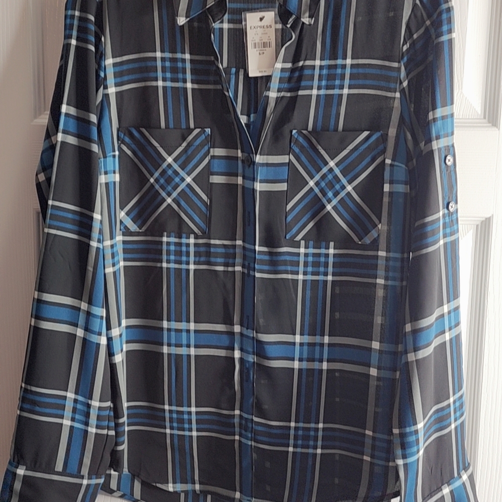 Express Black and Blue Plaid Shirt